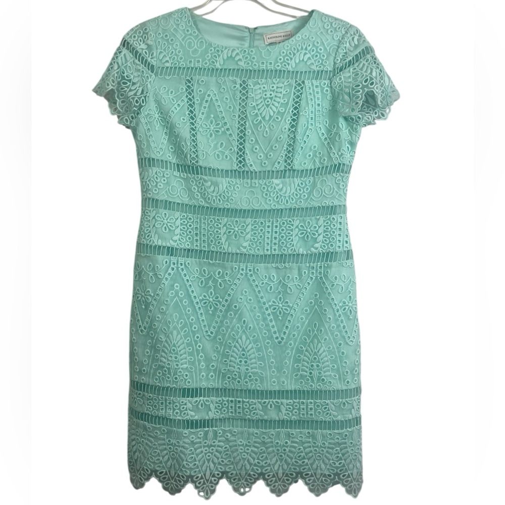 Katherine Kelly pastel green eyelet embroidered sheath dress. Size 10 GUC - Picture 5 of 7